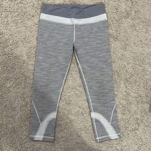 Lululemon gray & white stripe speed leggings (with back zipper pouch).